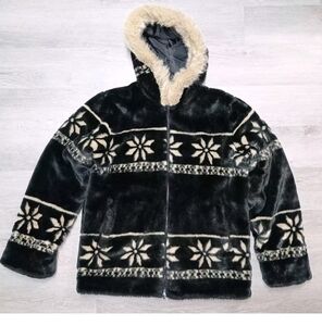 Vintage New York Classics Faux Fur Hooded Snow Flake Fuzzy Parka Jacket Coat Med